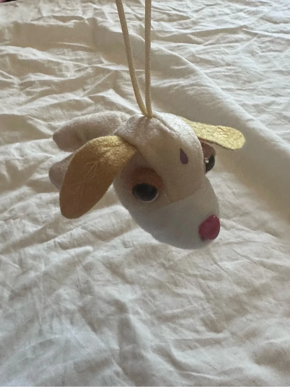 Soft Plush Dog Hanging Toy in White, Gold and Pink